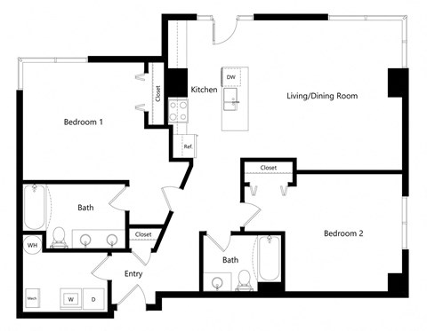 the two-bedroom Memphis floor plan at Midtown Crossing Apartments in Omaha, NE